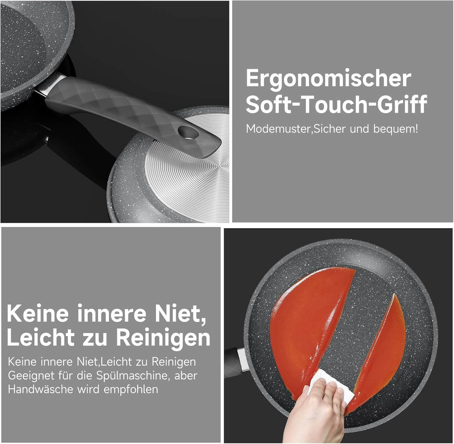 HOMELUX 3-tlg. Pfannenset Bratpfanne Ø20/24/28cm, beschichtete Pfannen mit Marmorbeschichtung, Induktion Pfanne, Pfannen für alle Herdarten, Grau