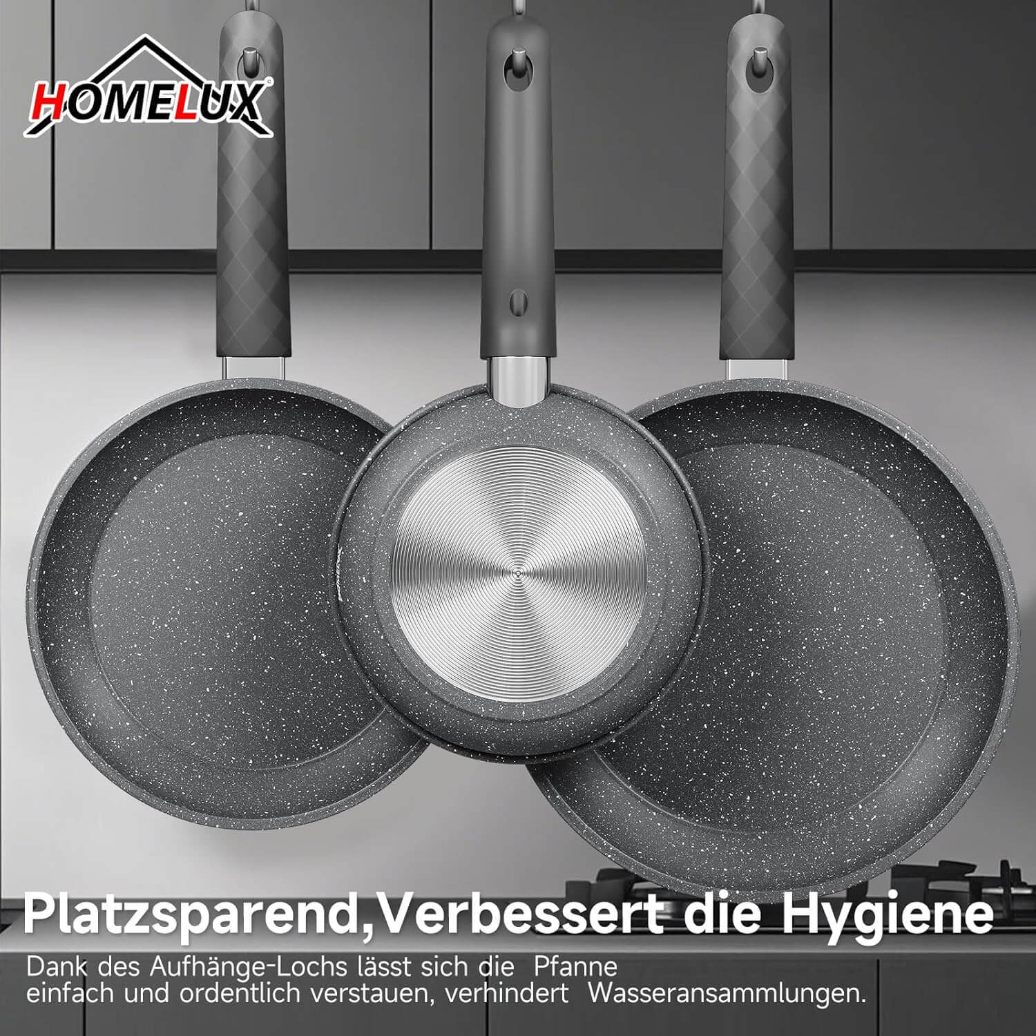 HOMELUX 3-tlg. Pfannenset Bratpfanne Ø20/24/28cm, beschichtete Pfannen mit Marmorbeschichtung, Induktion Pfanne, Pfannen für alle Herdarten, Grau