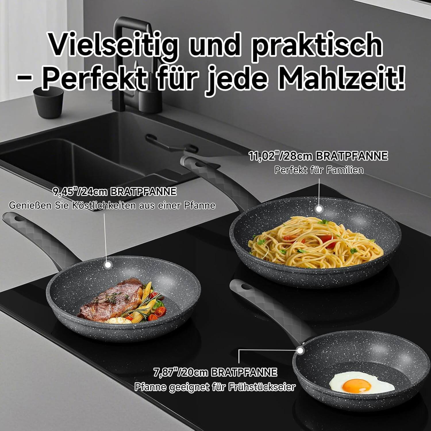 HOMELUX 3-tlg. Pfannenset Bratpfanne Ø20/24/28cm, beschichtete Pfannen mit Marmorbeschichtung, Induktion Pfanne, Pfannen für alle Herdarten, Grau