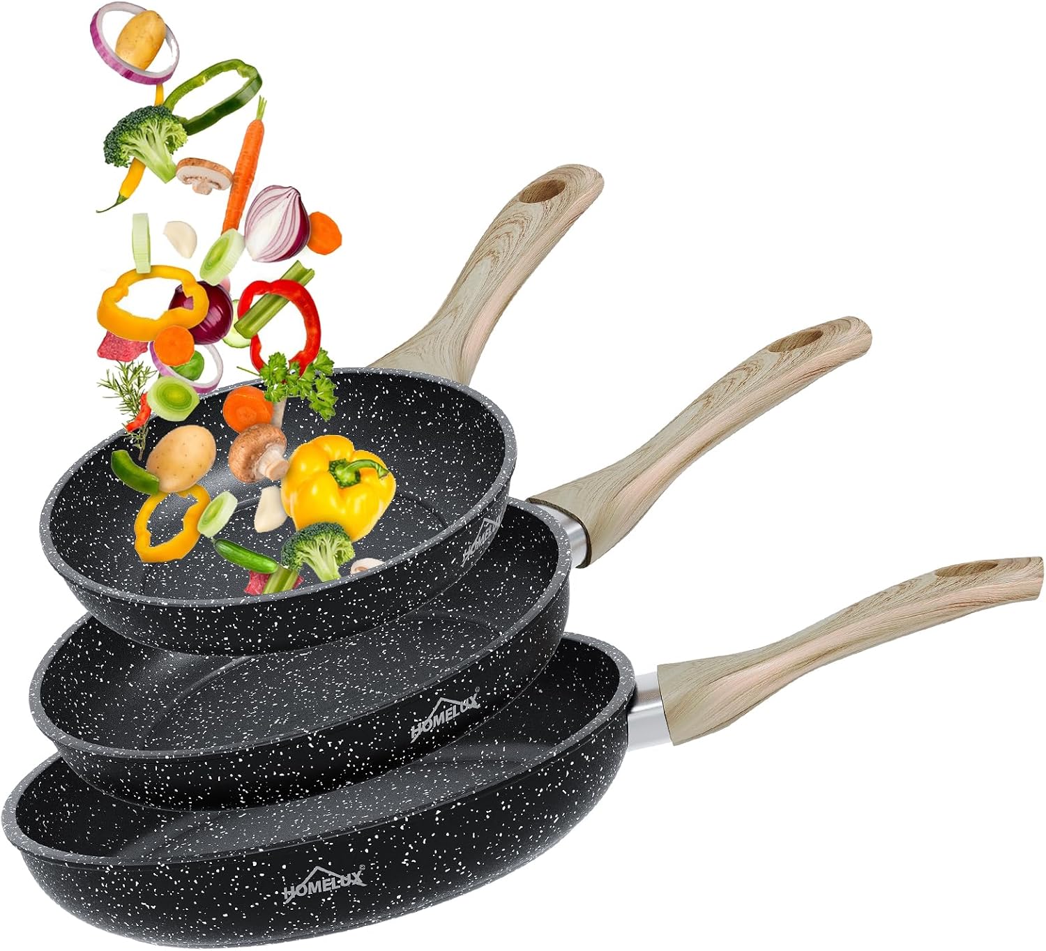 HOMELUX Pfannenset 3-teilig 20/24/28 cm, Antihaft Bratpfannen aus Kohlenstoffstahl mit Holzgriff, induktionsgeeignet
