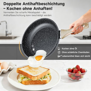 HOMELUX Pfannenset 3-teilig 20/24/28 cm, Antihaft Bratpfannen aus Kohlenstoffstahl mit Holzgriff, induktionsgeeignet