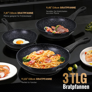 HOMELUX 3-teiliges Bratpfannen-Set Ø20/24/28cm, kratzfeste Antihaftbeschichtung, Induktion, für alle Herdarten geeignet