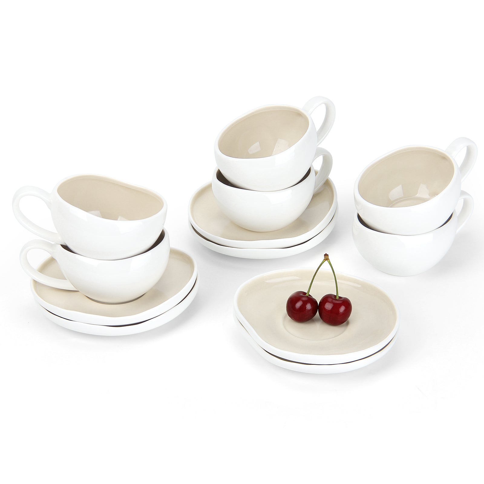 6-teiliges Keramik Espressotassen Set mit Untertassen (120ml), gewelltes Design, Weiß/Creme, mikrowellen- & spülmaschinenfest
