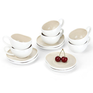 6-teiliges Keramik Espressotassen Set mit Untertassen (120ml), gewelltes Design, Weiß/Creme, mikrowellen- & spülmaschinenfest