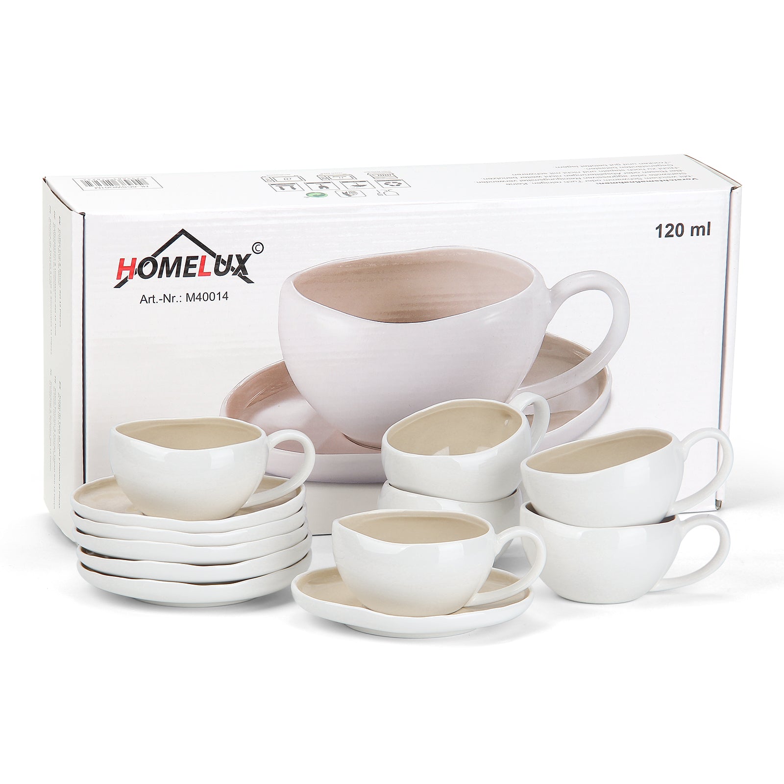6-teiliges Keramik Espressotassen Set mit Untertassen (120ml), gewelltes Design, Weiß/Creme, mikrowellen- & spülmaschinenfest