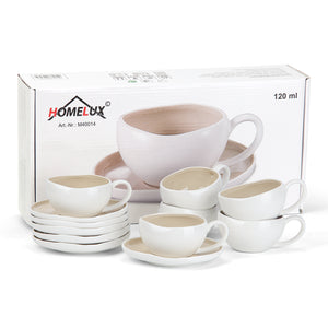 6-teiliges Keramik Espressotassen Set mit Untertassen (120ml), gewelltes Design, Weiß/Creme, mikrowellen- & spülmaschinenfest