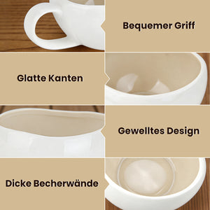 6-teiliges Keramik Espressotassen Set mit Untertassen (120ml), gewelltes Design, Weiß/Creme, mikrowellen- & spülmaschinenfest