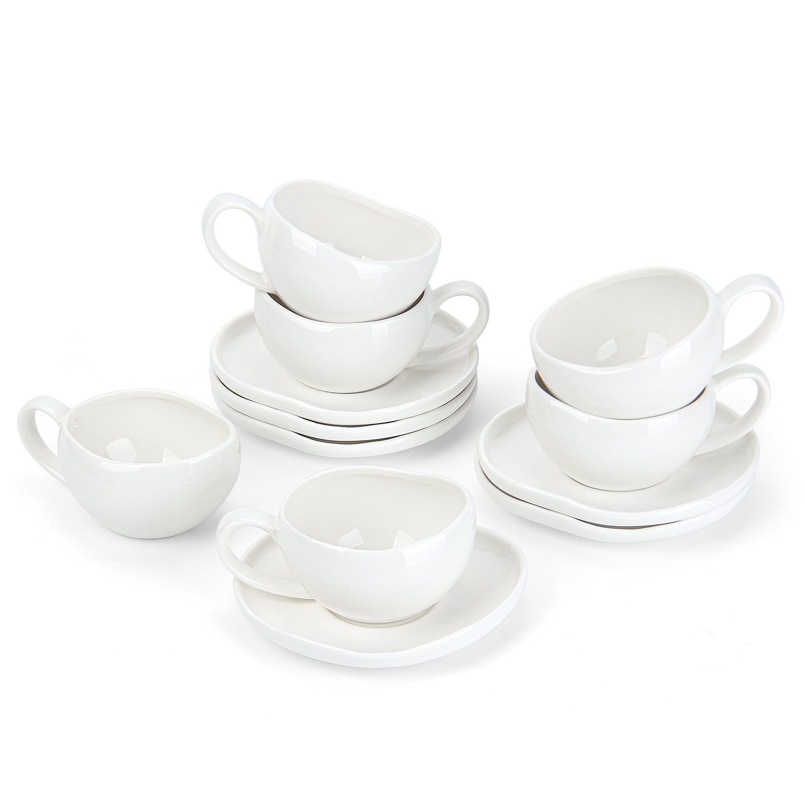 6-teiliges Keramik Espressotassen Set mit Untertassen (120ml), gewelltes Design, Weiß/Creme, mikrowellen- & spülmaschinenfest