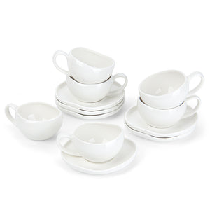 6-teiliges Keramik Espressotassen Set mit Untertassen (120ml), gewelltes Design, Weiß/Creme, mikrowellen- & spülmaschinenfest