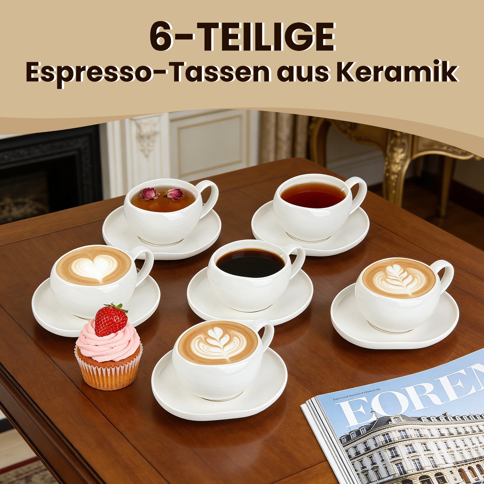 6-teiliges Keramik Espressotassen Set mit Untertassen (120ml), gewelltes Design, Weiß/Creme, mikrowellen- & spülmaschinenfest