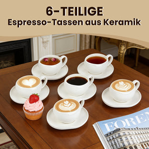 6-teiliges Keramik Espressotassen Set mit Untertassen (120ml), gewelltes Design, Weiß/Creme, mikrowellen- & spülmaschinenfest