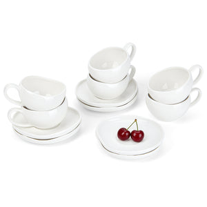 6-teiliges Keramik Espressotassen Set mit Untertassen (120ml), gewelltes Design, Weiß/Creme, mikrowellen- & spülmaschinenfest