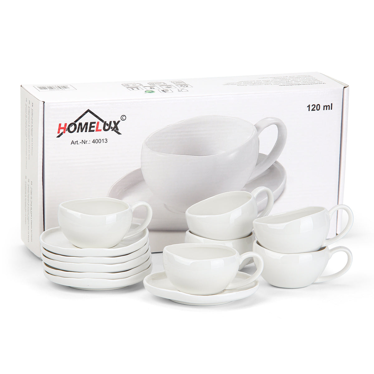 6-teiliges Keramik Espressotassen Set mit Untertassen (120ml), gewelltes Design, Weiß/Creme, mikrowellen- & spülmaschinenfest