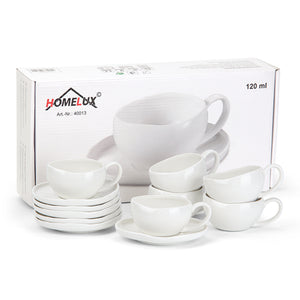 6-teiliges Keramik Espressotassen Set mit Untertassen (120ml), gewelltes Design, Weiß/Creme, mikrowellen- & spülmaschinenfest