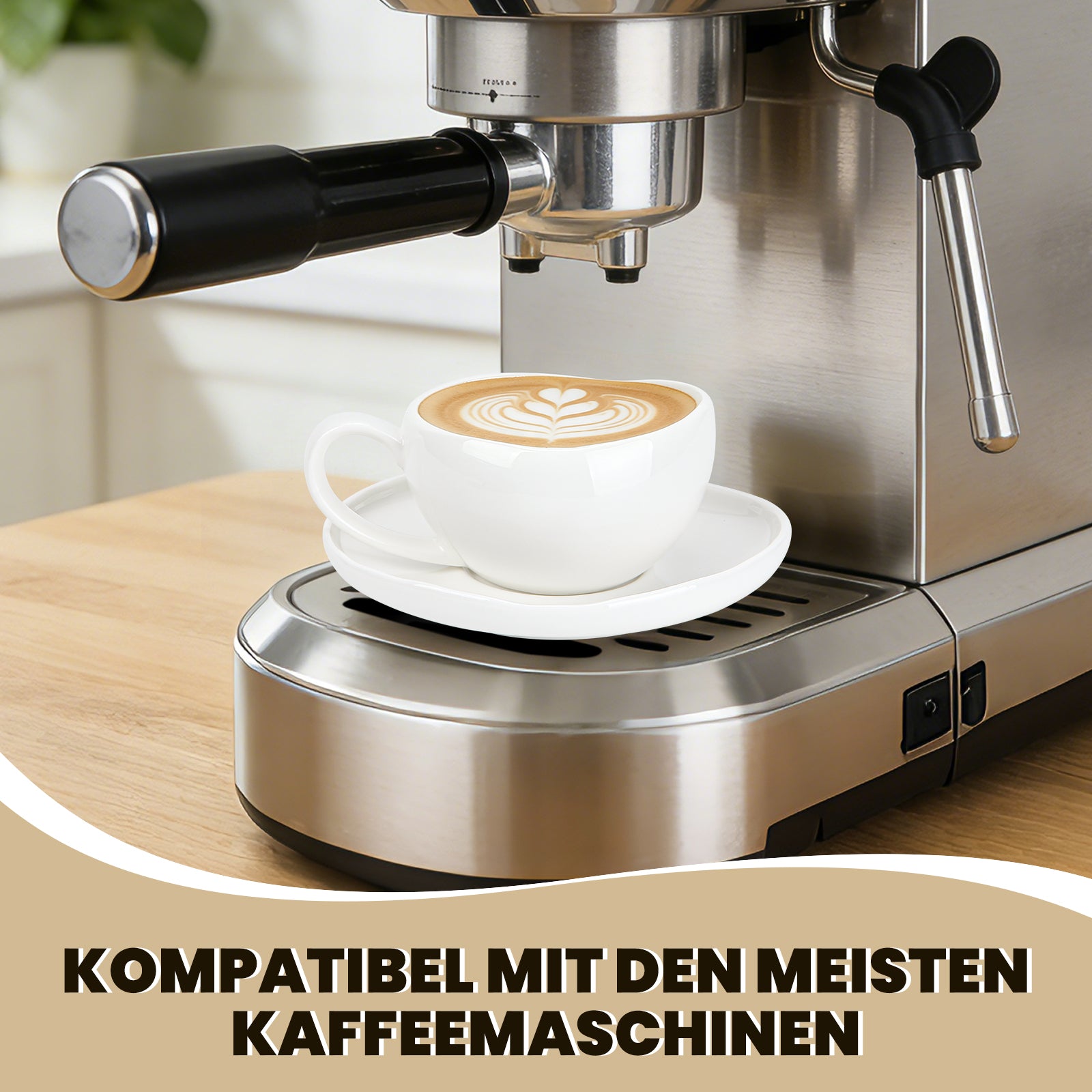 6-teiliges Keramik Espressotassen Set mit Untertassen (120ml), gewelltes Design, Weiß/Creme, mikrowellen- & spülmaschinenfest