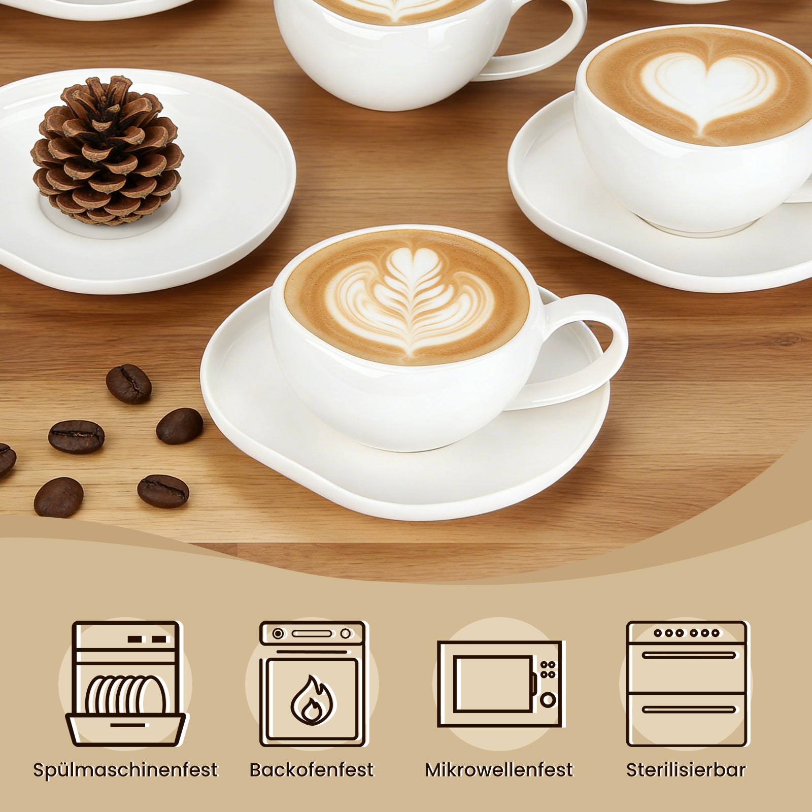 6-teiliges Keramik Espressotassen Set mit Untertassen (120ml), gewelltes Design, Weiß/Creme, mikrowellen- & spülmaschinenfest