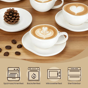 6-teiliges Keramik Espressotassen Set mit Untertassen (120ml), gewelltes Design, Weiß/Creme, mikrowellen- & spülmaschinenfest