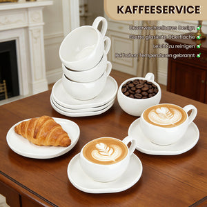 6-teiliges Keramik Espressotassen Set mit Untertassen (120ml), gewelltes Design, Weiß/Creme, mikrowellen- & spülmaschinenfest