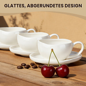 6-teiliges Keramik Espressotassen Set mit Untertassen (120ml), gewelltes Design, Weiß/Creme, mikrowellen- & spülmaschinenfest
