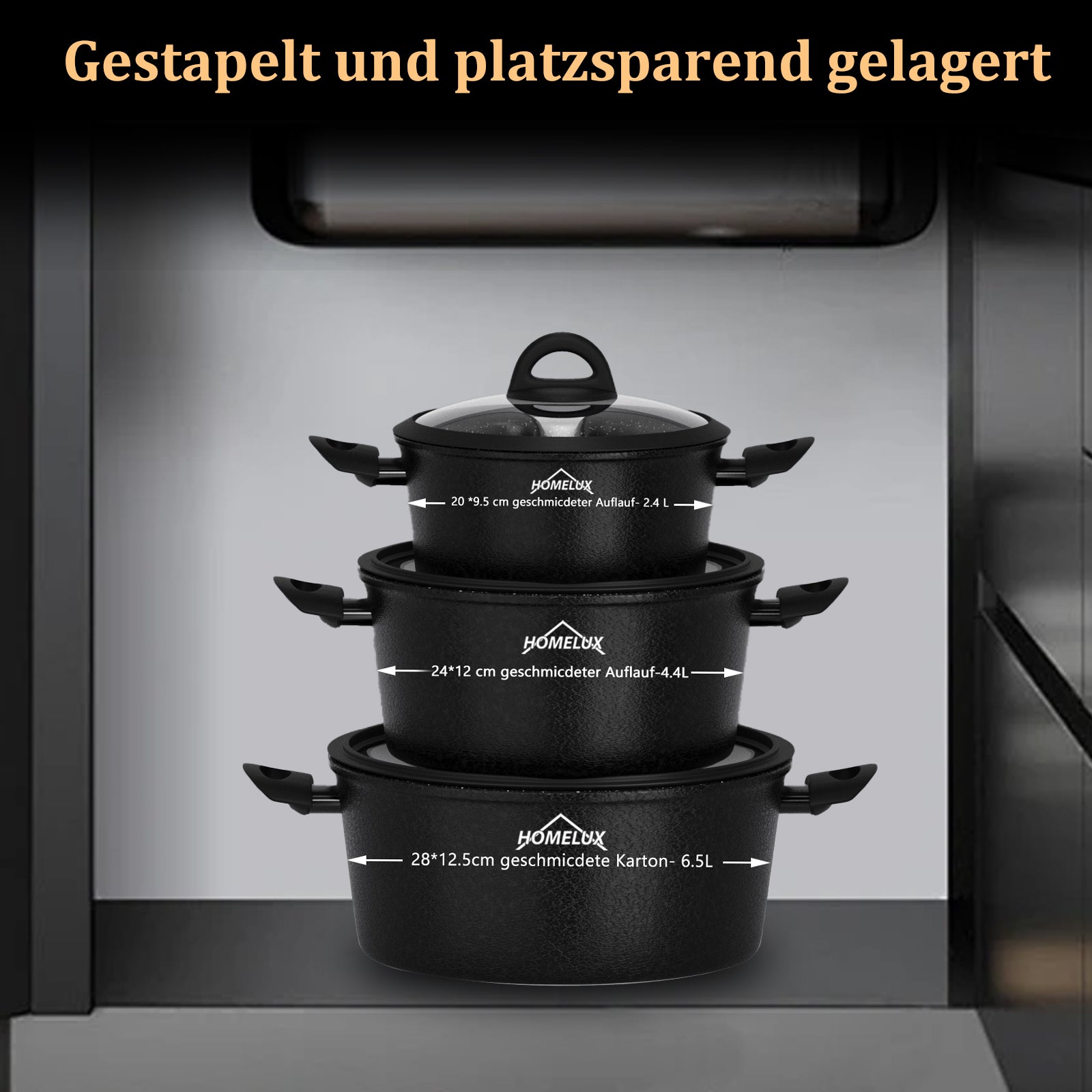 HOMELUX 6-teiliges Kochgeschirr-Set aus Hartaluminium, Antihaftbeschichtung, Glasdeckel, Induktion & alle Herdarten