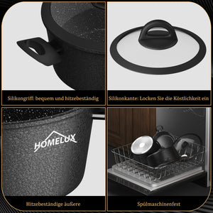 HOMELUX 6-teiliges Kochgeschirr-Set aus Hartaluminium, Antihaftbeschichtung, Glasdeckel, Induktion & alle Herdarten