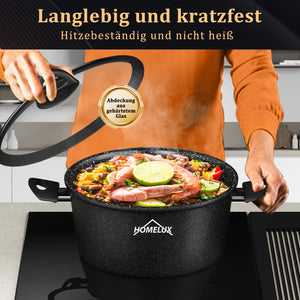 HOMELUX 6-teiliges Kochgeschirr-Set aus Hartaluminium, Antihaftbeschichtung, Glasdeckel, Induktion & alle Herdarten