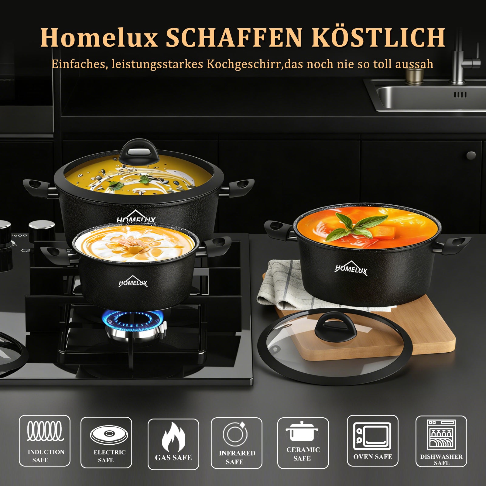 HOMELUX 6-teiliges Kochgeschirr-Set aus Hartaluminium, Antihaftbeschichtung, Glasdeckel, Induktion & alle Herdarten