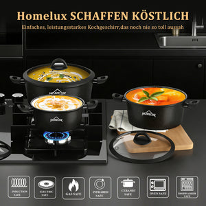 HOMELUX 6-teiliges Kochgeschirr-Set aus Hartaluminium, Antihaftbeschichtung, Glasdeckel, Induktion & alle Herdarten