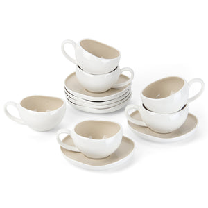 6-teiliges Keramik Cappuccinotassen Set mit Untertassen (200ml), gewelltes Design, Weiß/Creme, spülmaschinen- & mikrowellenfest