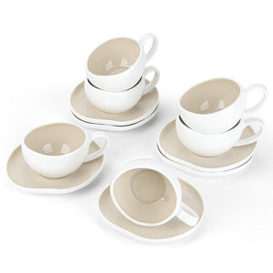6-teiliges Keramik Cappuccinotassen Set mit Untertassen (200ml), gewelltes Design, Weiß/Creme, spülmaschinen- & mikrowellenfest