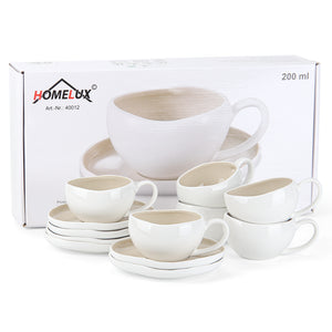 6-teiliges Keramik Cappuccinotassen Set mit Untertassen (200ml), gewelltes Design, Weiß/Creme, spülmaschinen- & mikrowellenfest