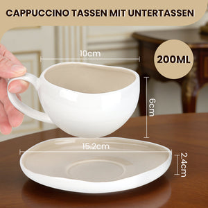 6-teiliges Keramik Cappuccinotassen Set mit Untertassen (200ml), gewelltes Design, Weiß/Creme, spülmaschinen- & mikrowellenfest