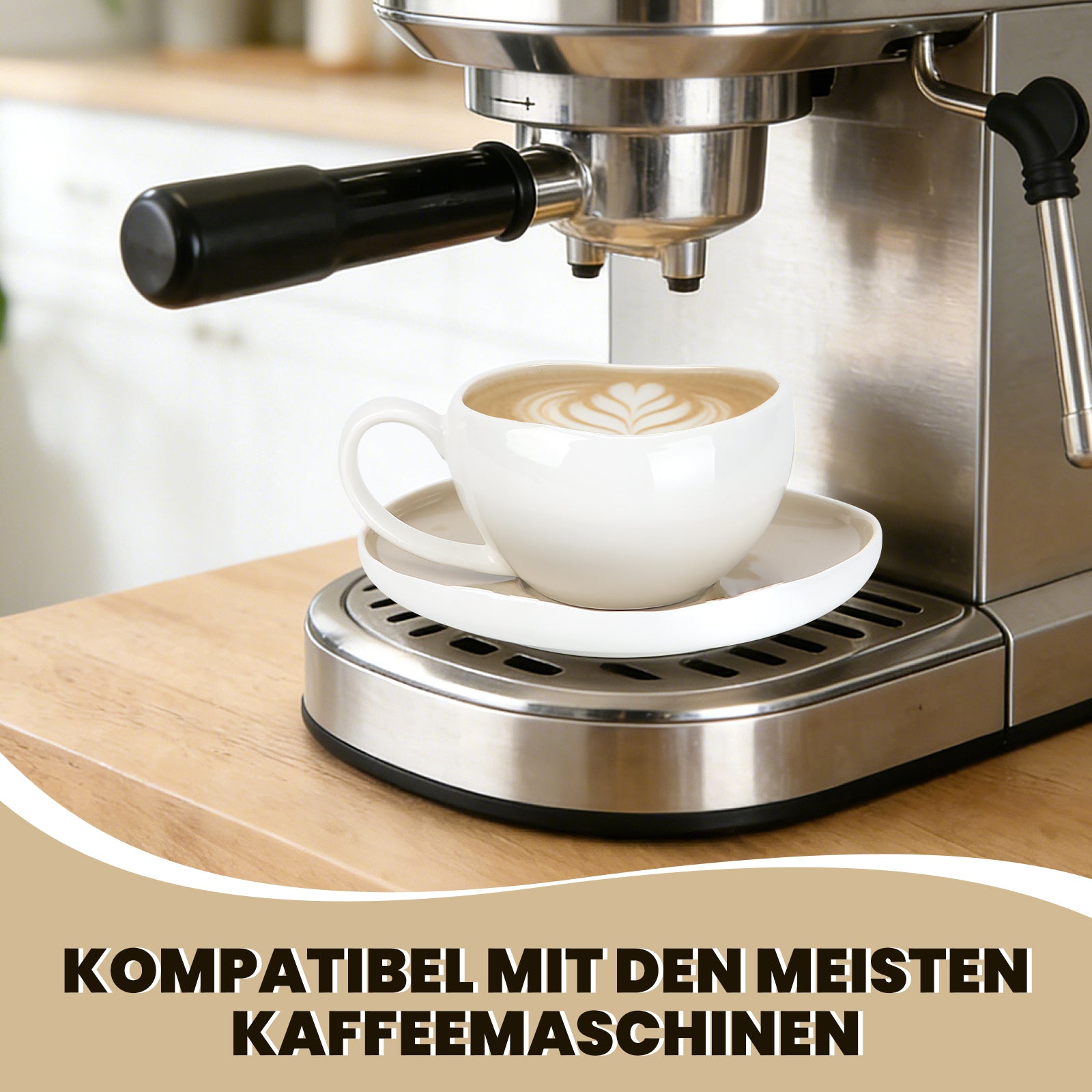6-teiliges Keramik Cappuccinotassen Set mit Untertassen (200ml), gewelltes Design, Weiß/Creme, spülmaschinen- & mikrowellenfest