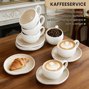6-teiliges Keramik Cappuccinotassen Set mit Untertassen (200ml), gewelltes Design, Weiß/Creme, spülmaschinen- & mikrowellenfest
