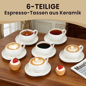 6-teiliges Keramik Cappuccinotassen Set mit Untertassen (200ml), gewelltes Design, Weiß/Creme, spülmaschinen- & mikrowellenfest