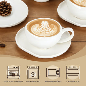 6-teiliges Keramik Cappuccinotassen Set mit Untertassen (200ml), gewelltes Design, Weiß/Creme, spülmaschinen- & mikrowellenfest