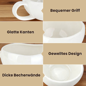 6-teiliges Keramik Cappuccinotassen Set mit Untertassen (200ml), gewelltes Design, Weiß/Creme, spülmaschinen- & mikrowellenfest