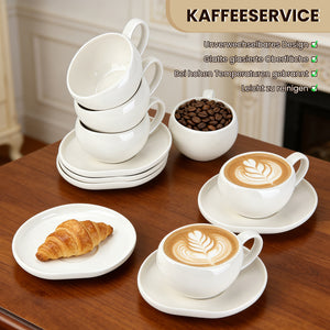 6-teiliges Keramik Cappuccinotassen Set mit Untertassen (200ml), gewelltes Design, Weiß/Creme, spülmaschinen- & mikrowellenfest
