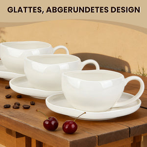 6-teiliges Keramik Cappuccinotassen Set mit Untertassen (200ml), gewelltes Design, Weiß/Creme, spülmaschinen- & mikrowellenfest