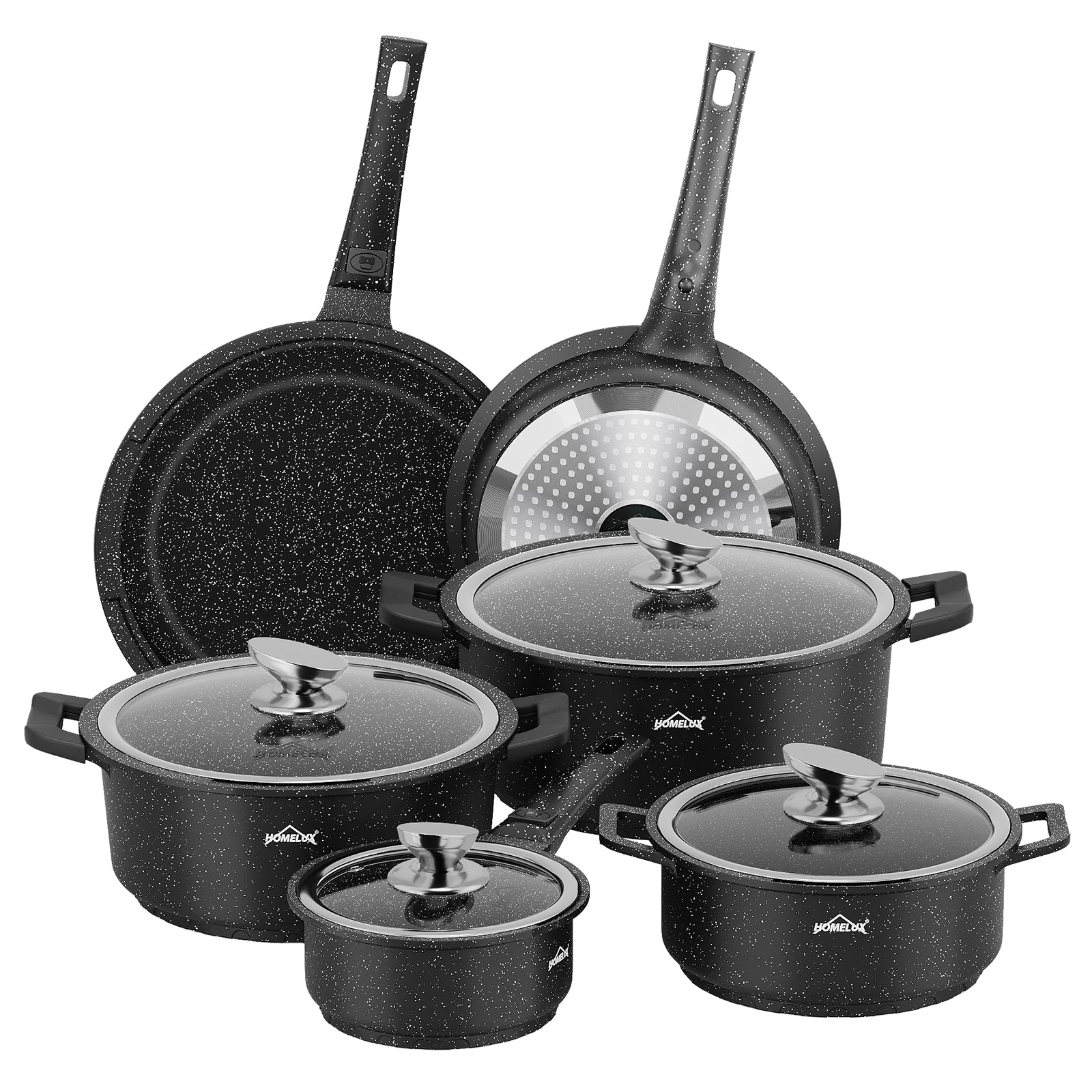 HOMELUX Kochgeschirr-Set 10-teilig, induktionsgeeignetes stapelbares Topfset für alle Herdarten, backofengeeignet, schwarz
