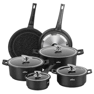 HOMELUX Kochgeschirr-Set 10-teilig, induktionsgeeignetes stapelbares Topfset für alle Herdarten, backofengeeignet, schwarz
