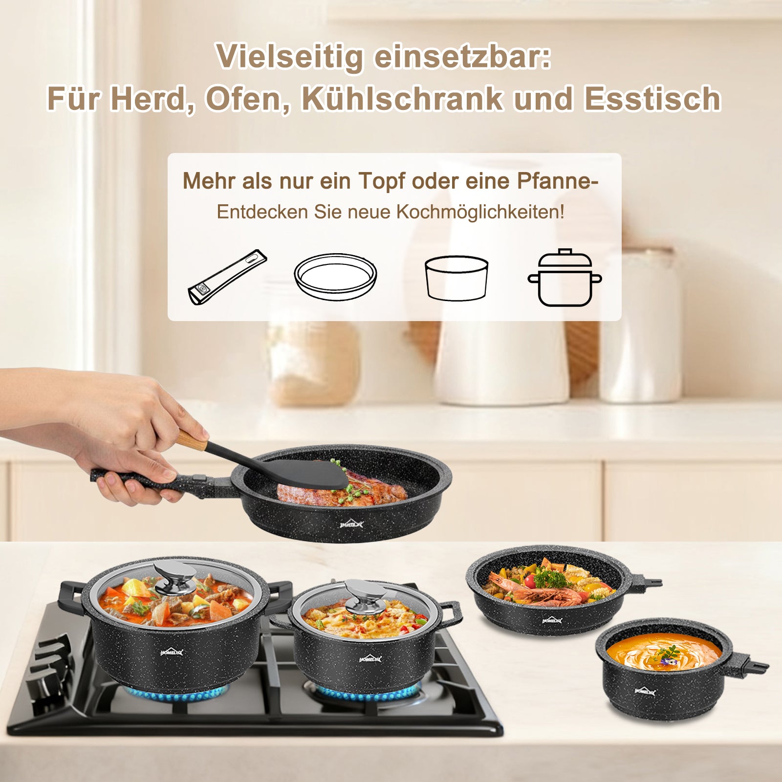 HOMELUX Kochgeschirr-Set 10-teilig, induktionsgeeignetes stapelbares Topfset für alle Herdarten, backofengeeignet, schwarz