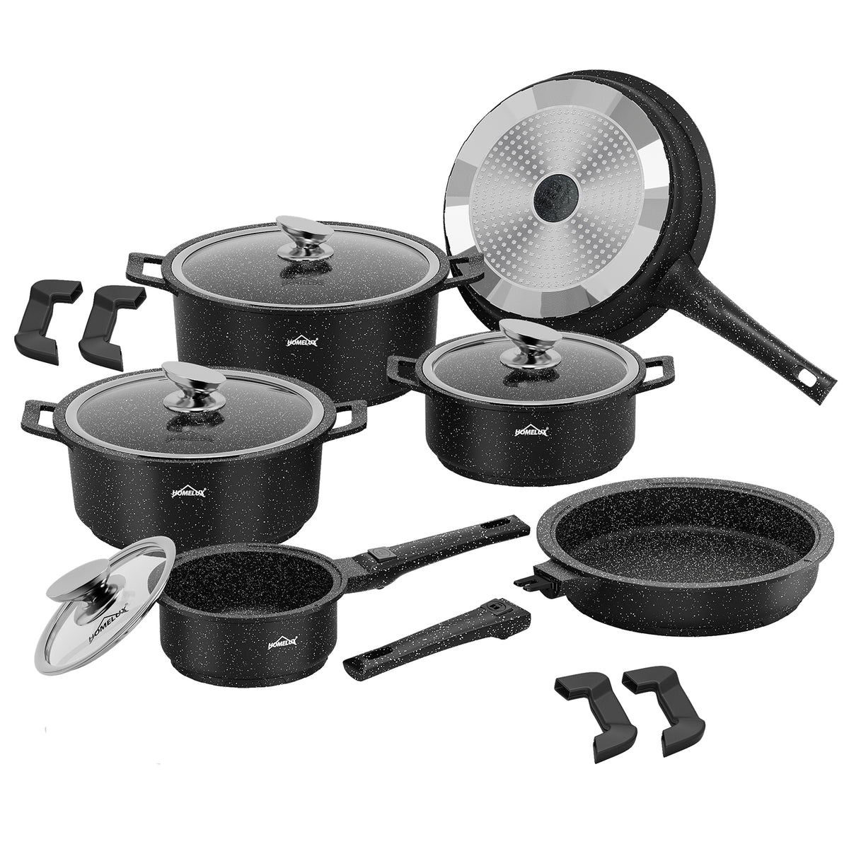 HOMELUX Kochgeschirr-Set 10-teilig, induktionsgeeignetes stapelbares Topfset für alle Herdarten, backofengeeignet, schwarz