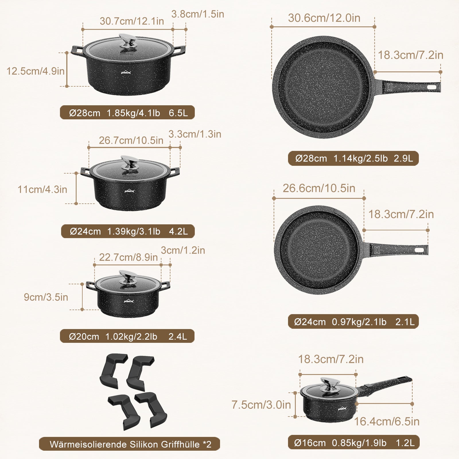 HOMELUX Kochgeschirr-Set 10-teilig, induktionsgeeignetes stapelbares Topfset für alle Herdarten, backofengeeignet, schwarz