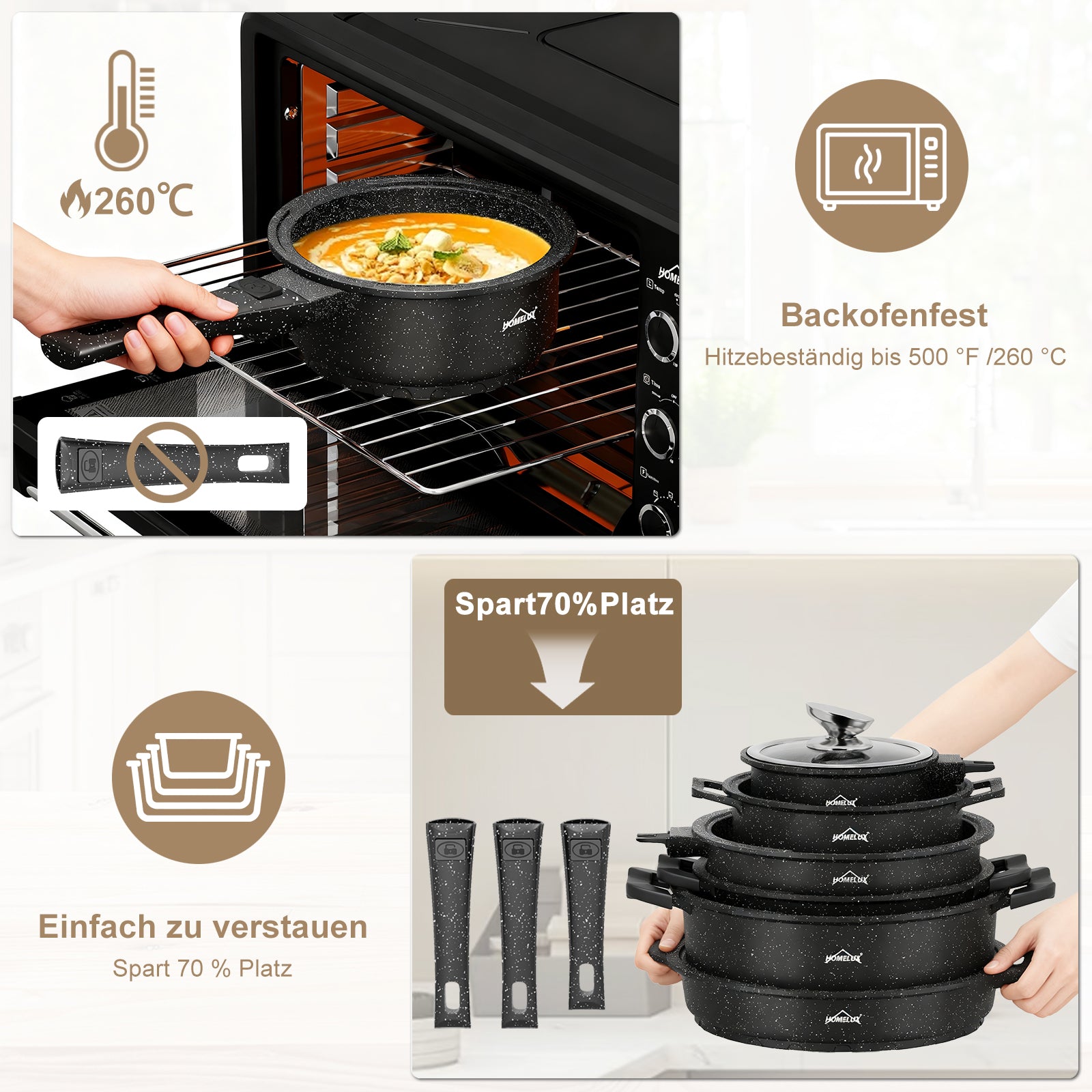 HOMELUX Kochgeschirr-Set 10-teilig, induktionsgeeignetes stapelbares Topfset für alle Herdarten, backofengeeignet, schwarz