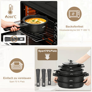HOMELUX Kochgeschirr-Set 10-teilig, induktionsgeeignetes stapelbares Topfset für alle Herdarten, backofengeeignet, schwarz