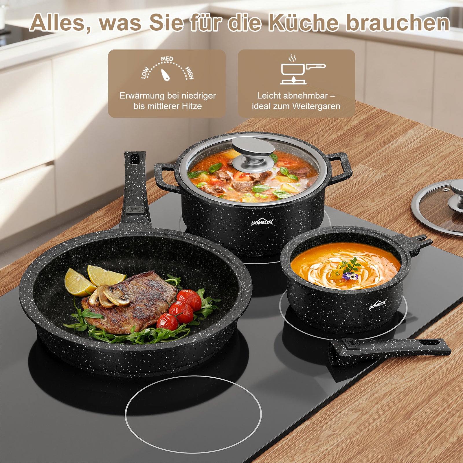 HOMELUX Kochgeschirr-Set 10-teilig, induktionsgeeignetes stapelbares Topfset für alle Herdarten, backofengeeignet, schwarz