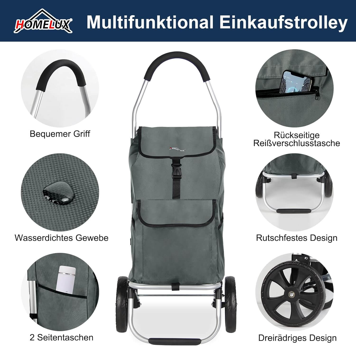 HOMELUX Einkaufstrolley Stabiler, klappbarer mit 41 L Kapazität, multifunktionalem Handwagen, Rollen und abnehmbarer Tasche