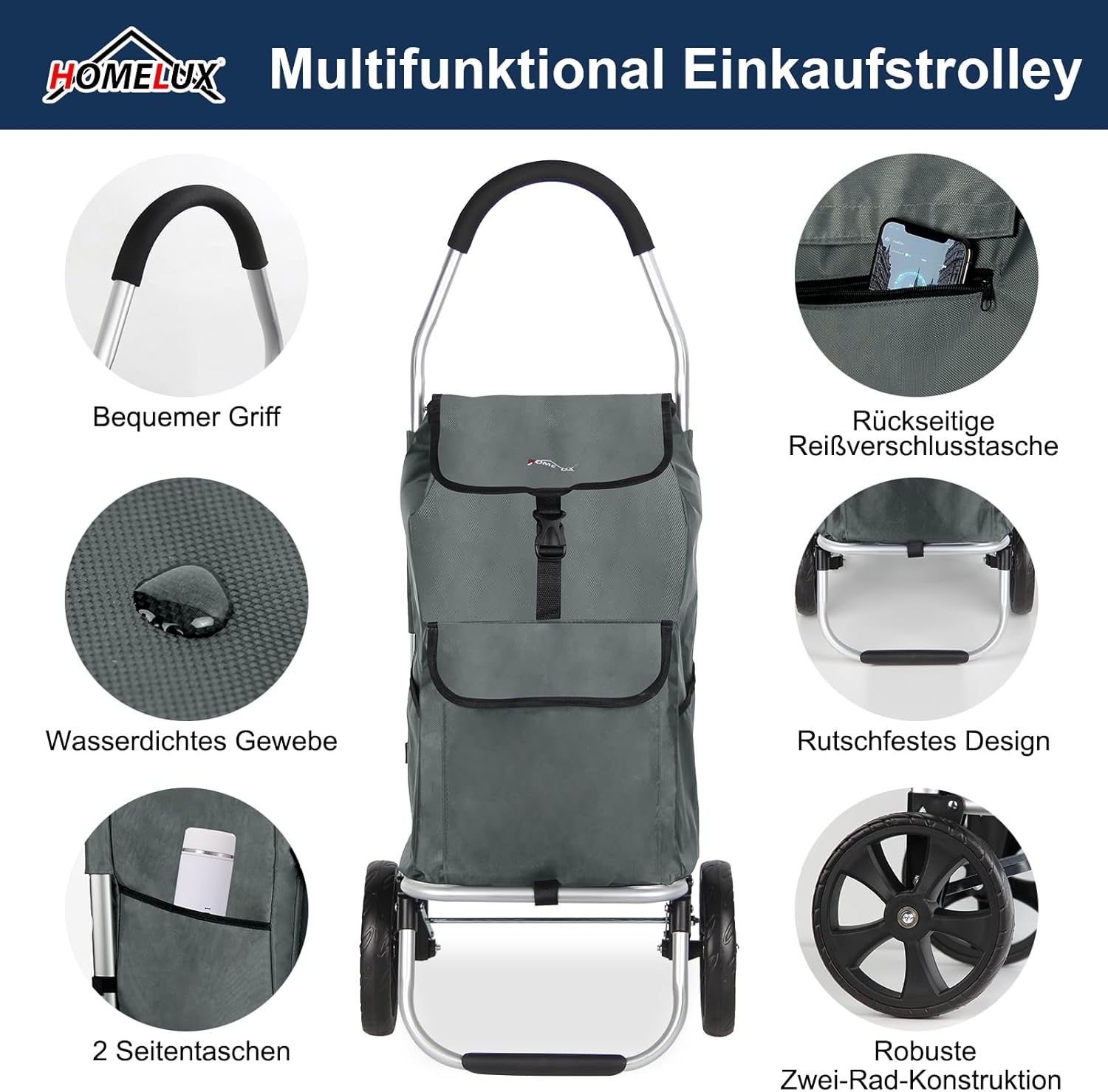 HOMELUX Einkaufstrolley Stabiler, klappbarer mit 41 L Kapazität, multifunktionalem Handwagen, Rollen und abnehmbarer Tasche