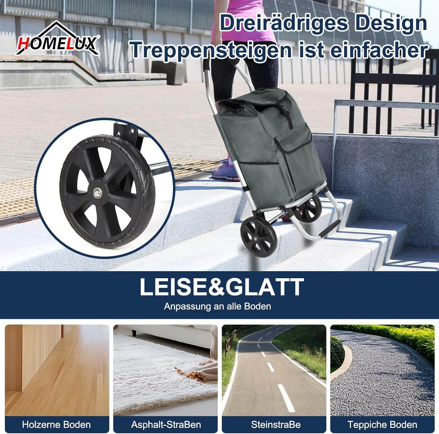 HOMELUX Einkaufstrolley Stabiler, klappbarer mit 41 L Kapazität, multifunktionalem Handwagen, Rollen und abnehmbarer Tasche